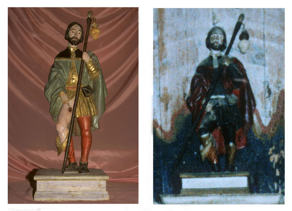 S. Rocco a GUSSAGO; la statua ora restaurata (e com'era, un tempo, quando stava sulla sommità della soasa dell'altar maggiore della chiesa, sul Colle omonimo). La foto è di Angelo Gnocchi da Gussago