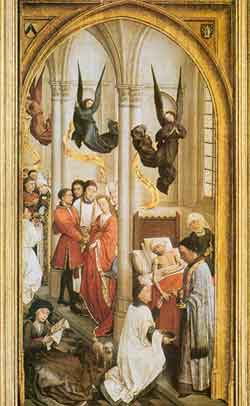 Particolare della Pala dei Sette Sacramenti di Rogier van der Weyden (sec. XV), con il Matrimonio, l'Ordine e l'Estrema Unzione. Anversa  Musèe Royal des Beaux-Arts