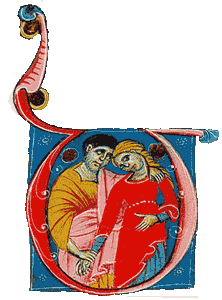Il profeta Osea con la moglie Gomer. Miniatura del Maestro della Bibbia di Corradino, secolo XIII-XIV. Bibbia Bassetti. Trento, biblioteca Comunale