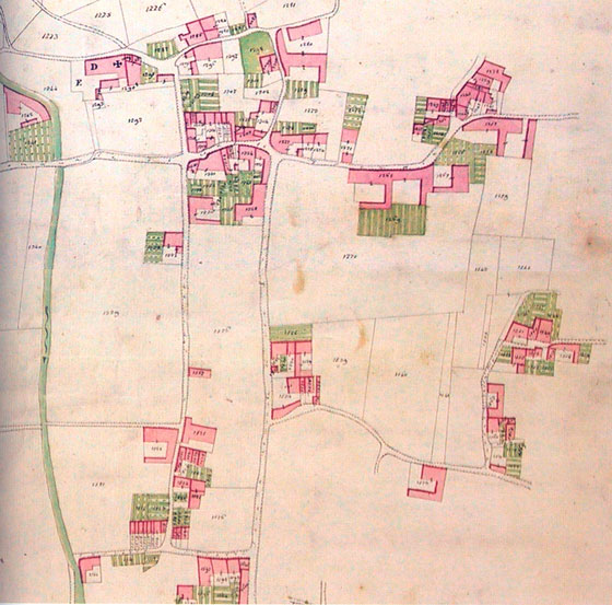 Gussago. In Contrada Piedeldosso e Manica, evidenziazione dell'area dei poderi PIARDI. Zona evidenziata = Alcune delle proprietà possedute dai PIARDI in Gussago sino ai primi decenni della seconda metà dell'Ottocento, anche dopo la morte di Andrea nato a Pezzaze nel 1799, figlio di Andrea (1767-1843), avvenuta in Gussago l'anno 1854 lasciando eredi otto figli in tenera età, il primo dei quali, Cesare del 1844, doveva ancora compiere dieci anni.