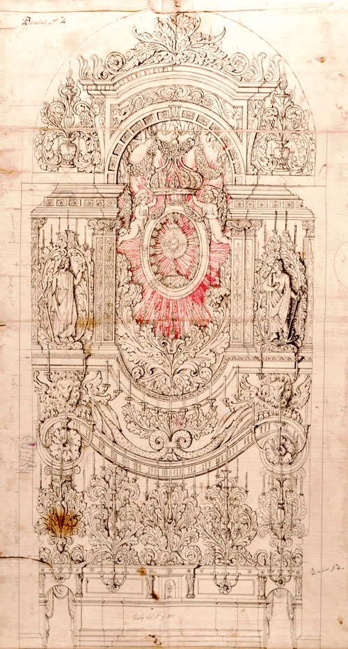 GUSSAGO. Macchina dei Tridui eseguita dal Beneduci di Orzinuovi con l’aggiunta di due tempere raffiguranti due angeli, opera dell’Inganni. Abbandonata nel 1937, venne riproposta nel 1971 (dal Parroco don Angelo Porta) e fu oggetto di osservazione dello studioso giapponese Eiko Vakyanu. (Antonio Fappani. Enciclopedia Bresciana, Vol. XIX– Voce: “Sacri Tridui”) - La foto rappresenta il Disegno originale dell'apparato, donatomi l'anno 2004 da Regina Arici - Sacrista della Chiesa S. Maria Assunta in Gussago, sulle orme del padre Paolo. (Achille Giovanni Piardi). Gussago, Febbraio 2014; tempo della celebrazione dei TRIDUI in Gussago
